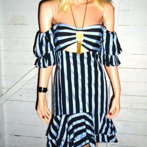 WAYF Black Blue Striped Off Shoulder Dress S